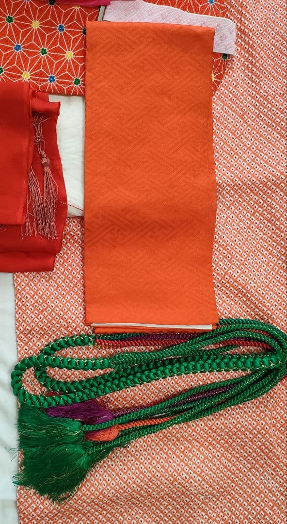 正絹着物一式 ジュニアサイズ 朱色総絞り　付属品多数 全14点