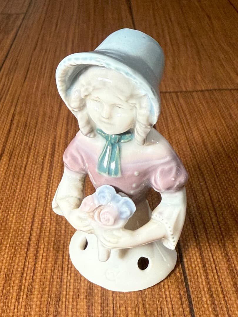 アンティーク ドイツ磁器 ハーフドール ピンクッション人形 ボンネット少女