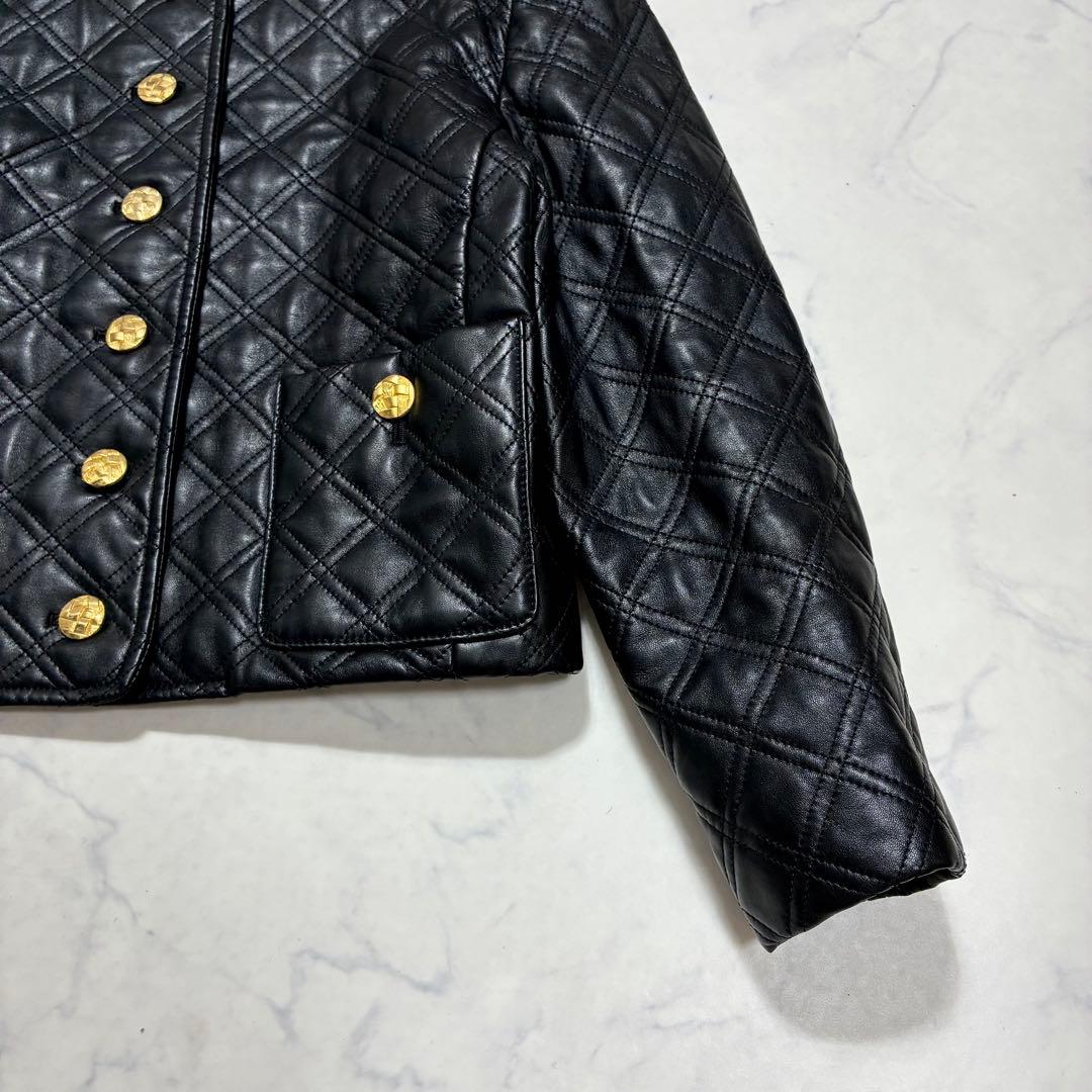 美品✨VINTAGE キルティング レザージャケット ノーカラー 金ボタン 黒