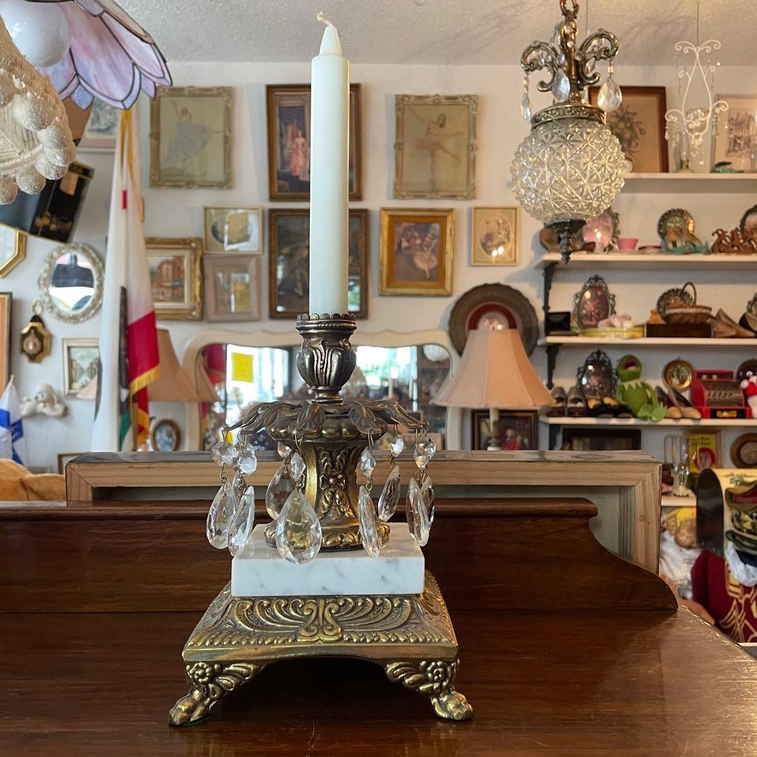 40s〜50sアメリカアンティーク　クリスタルガラス&大理石キャンドル燭台USA