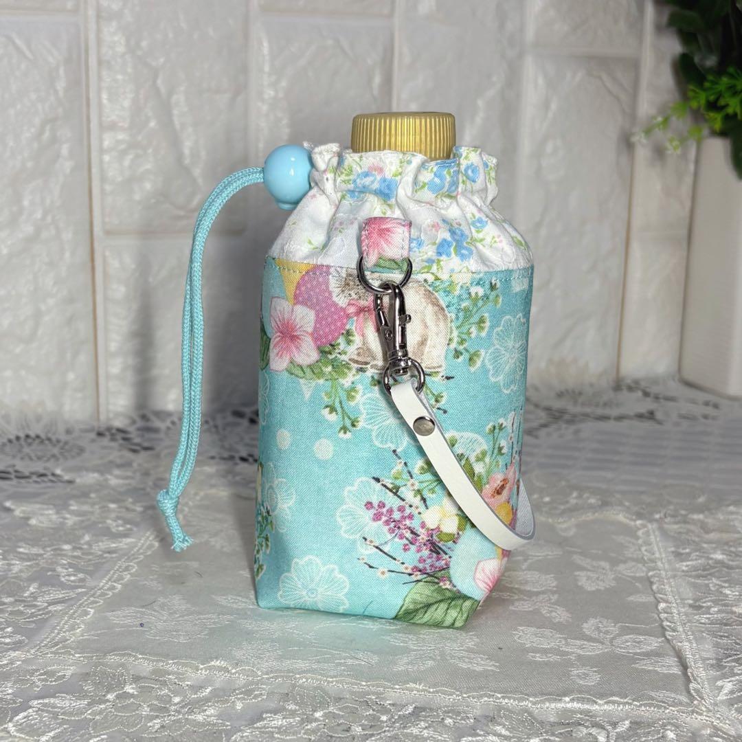ペットボトルカバー　ミニ　輸入生地うさぎ柄　ブルー　ハンドメイド