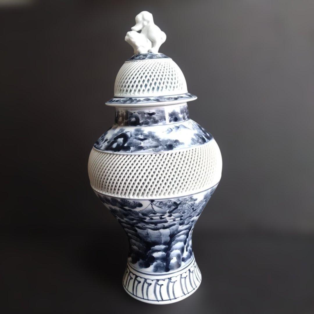 未使用 正光窯 有田焼 琴峰作 獅子摘蓋 網目透かし山水図 蓋付飾壺 高36㎝