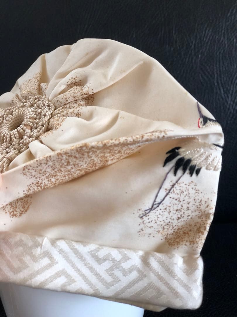 アンティーク　金絵付け　子達帽子　鶴図柄　手刺繍　吉祥文様　正絹　希少正絹
