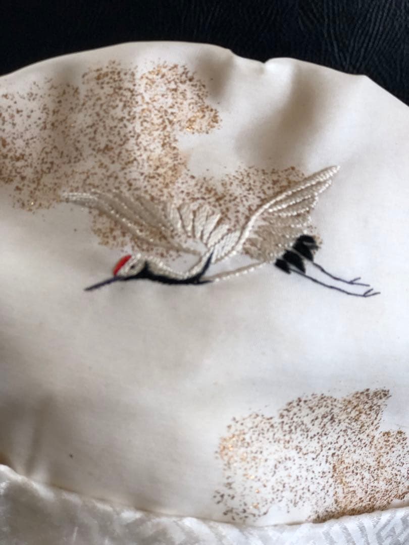 アンティーク　金絵付け　子達帽子　鶴図柄　手刺繍　吉祥文様　正絹　希少正絹