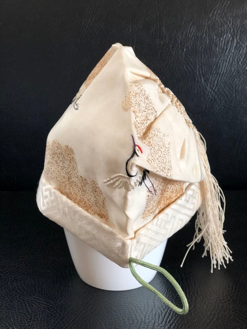 アンティーク　金絵付け　子達帽子　鶴図柄　手刺繍　吉祥文様　正絹　希少正絹