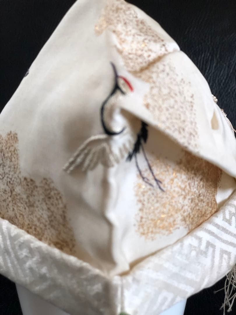 アンティーク　金絵付け　子達帽子　鶴図柄　手刺繍　吉祥文様　正絹　希少正絹