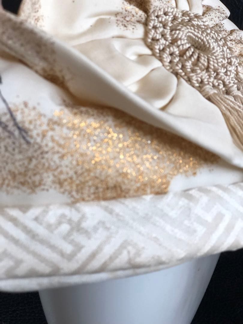 アンティーク　金絵付け　子達帽子　鶴図柄　手刺繍　吉祥文様　正絹　希少正絹