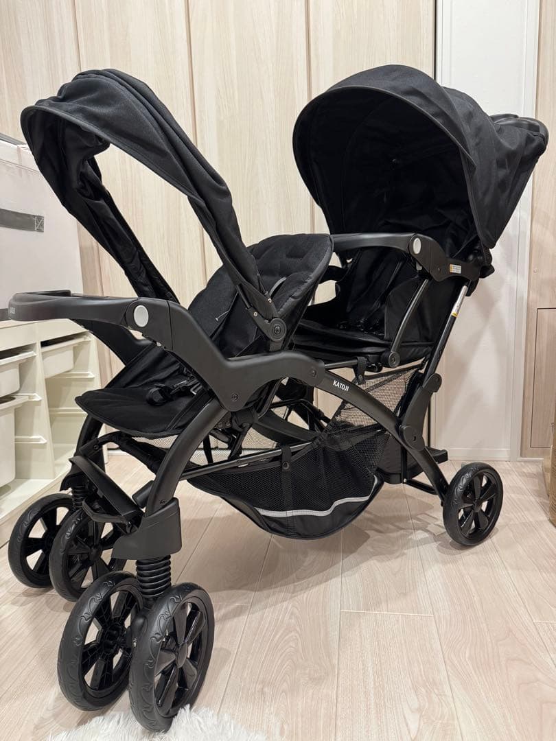 【新品未使用】二人でゴーDX 2人乗りベビーカーオニキスブラック　レインカバー付