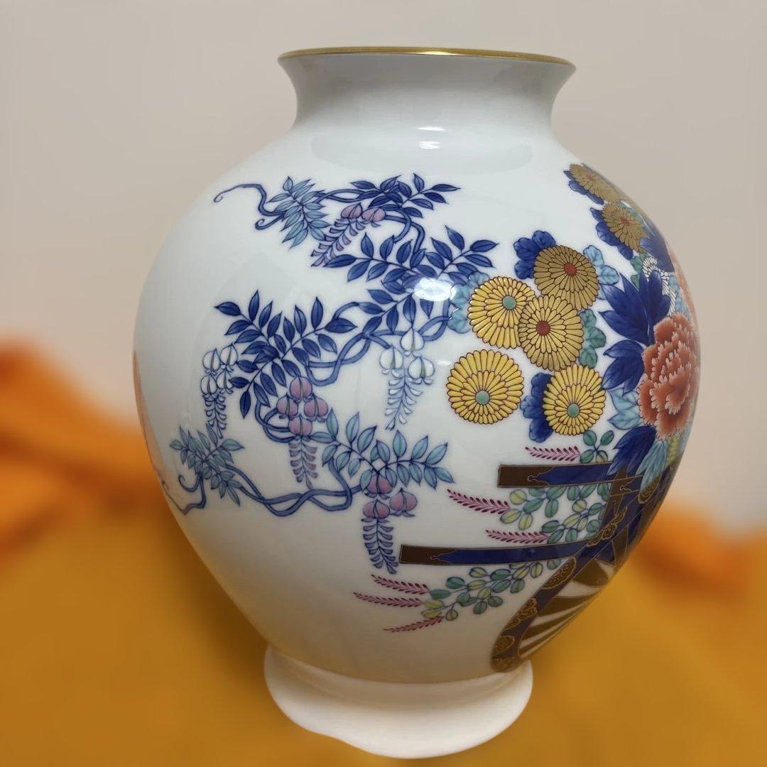 香蘭社 染錦花車 花瓶 磁芸工房謹製 金彩 花器 有田焼 壺 花入箱付き
