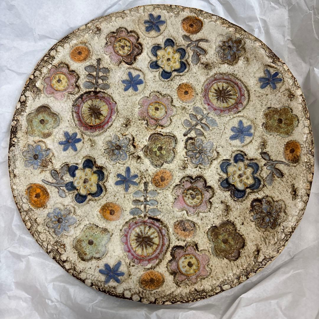 本田あつみ 花柄円形大皿 陶器 大プレート ワイルドフラワー