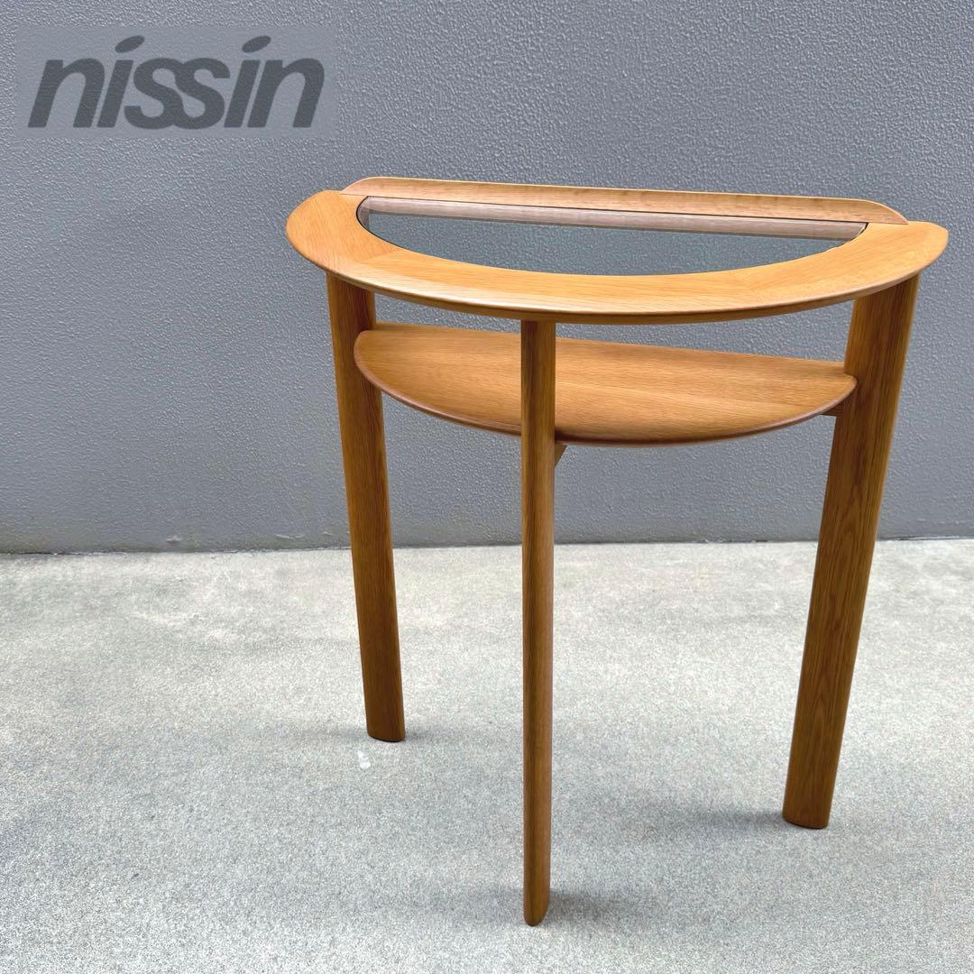 北欧調 コンソールデスク 日進木工 ガラス天板 木製 オーク 机 下棚付き