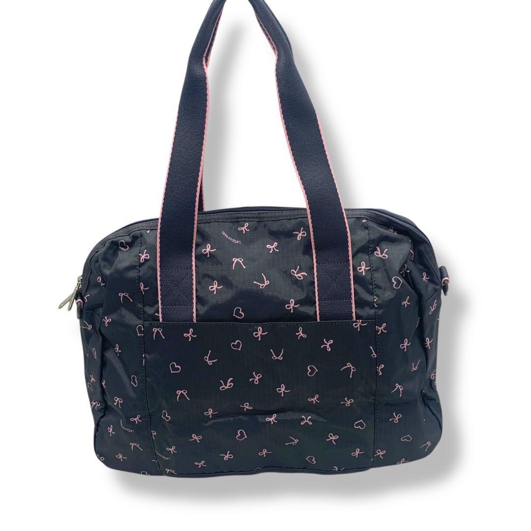Lesportsac ハーパーバックリボン柄グレー＋ライトピンク
