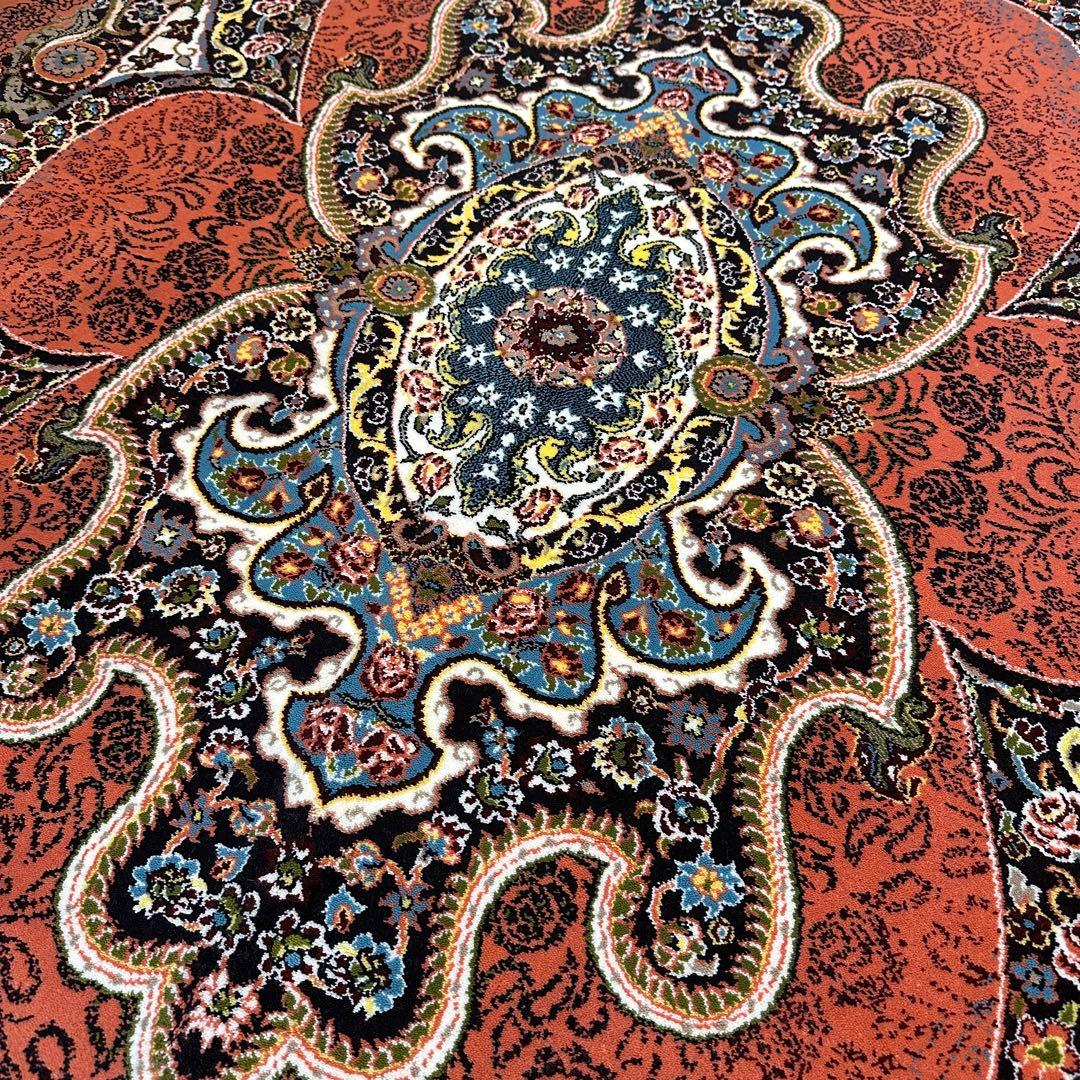 【新品未使用】ペルシャ産　絨毯　機械織　朱色　ボタニカル　幾何学模様　オリエント