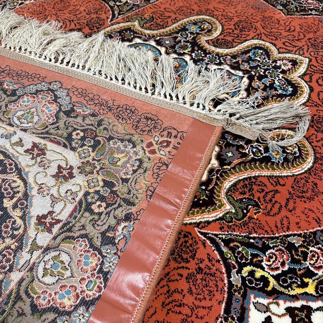 【新品未使用】ペルシャ産　絨毯　機械織　朱色　ボタニカル　幾何学模様　オリエント