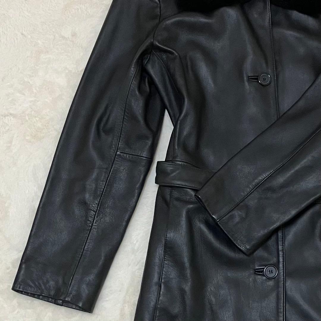 【極美品】2way 羊革 ラムレザー Aライン ボアロングコート ブラック M