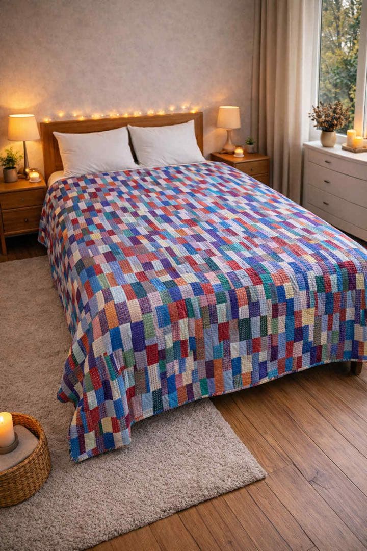 インド　パッチワーク　カンタ　ダブルサイズ　ベッドカバー　1