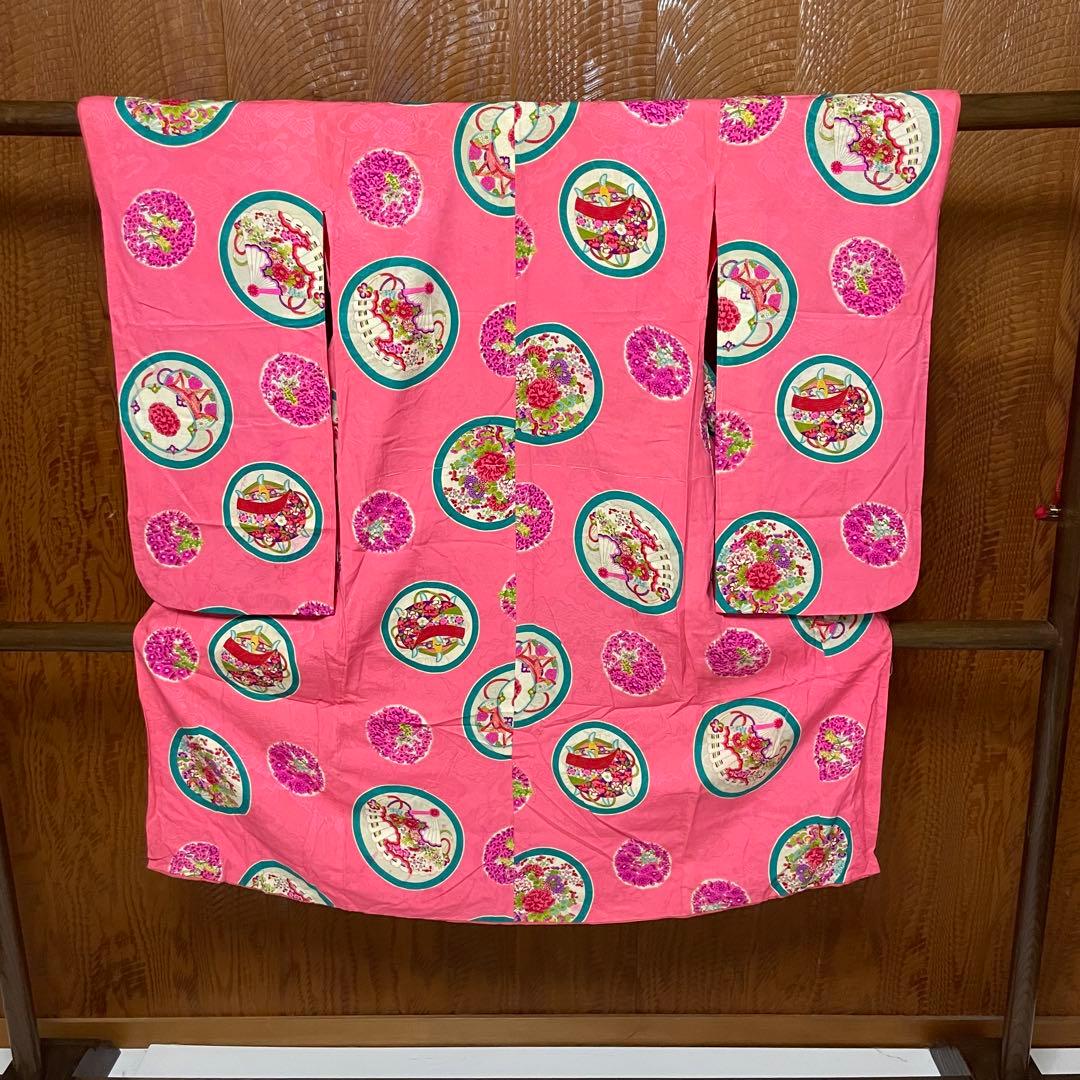 よ*だ様 アンティーク 子供着物 丸に 糸巻 扇 鼓 花文様 正絹 七五三 v3