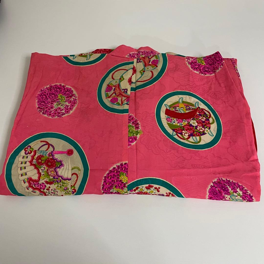 よ*だ様 アンティーク 子供着物 丸に 糸巻 扇 鼓 花文様 正絹 七五三 v3