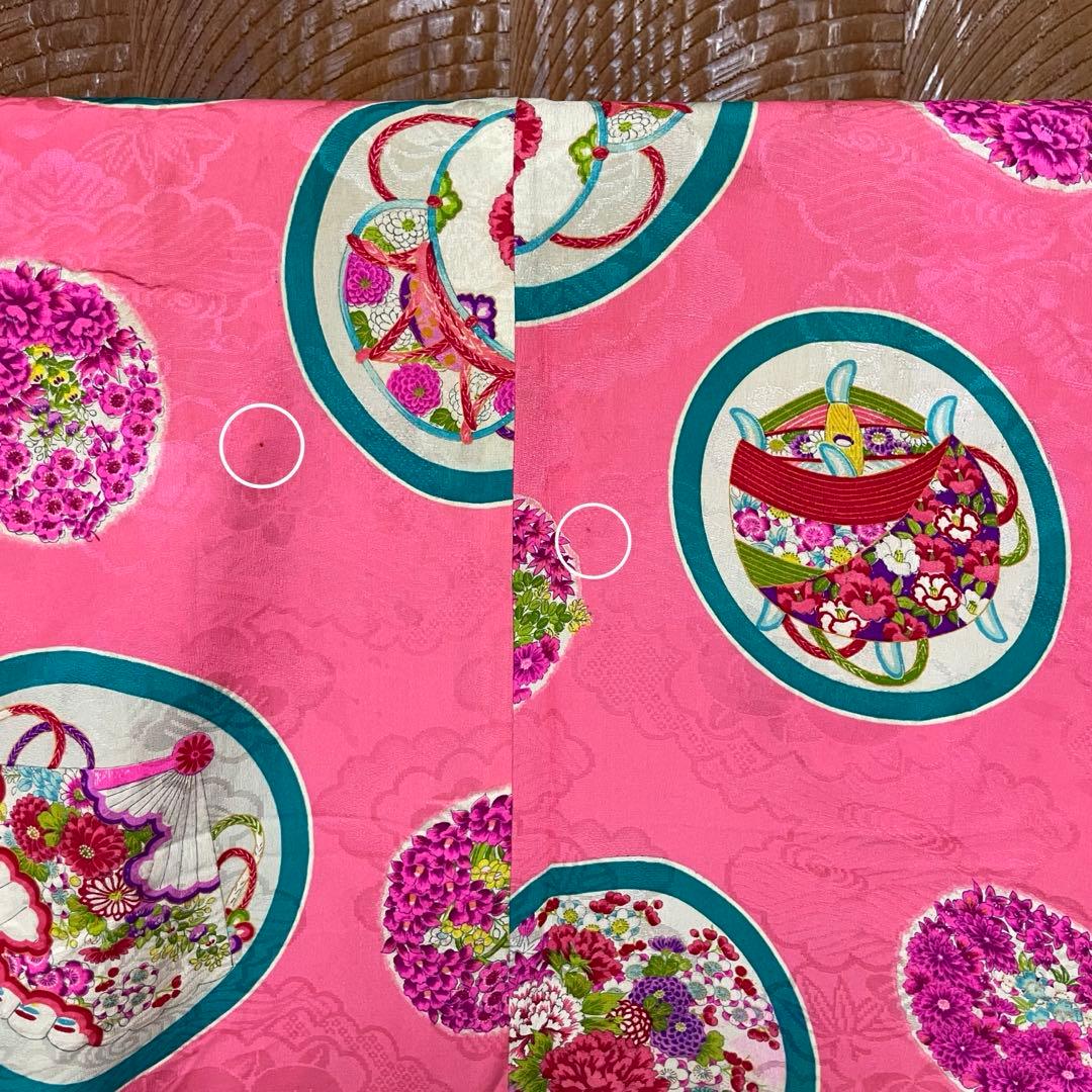 よ*だ様 アンティーク 子供着物 丸に 糸巻 扇 鼓 花文様 正絹 七五三 v3