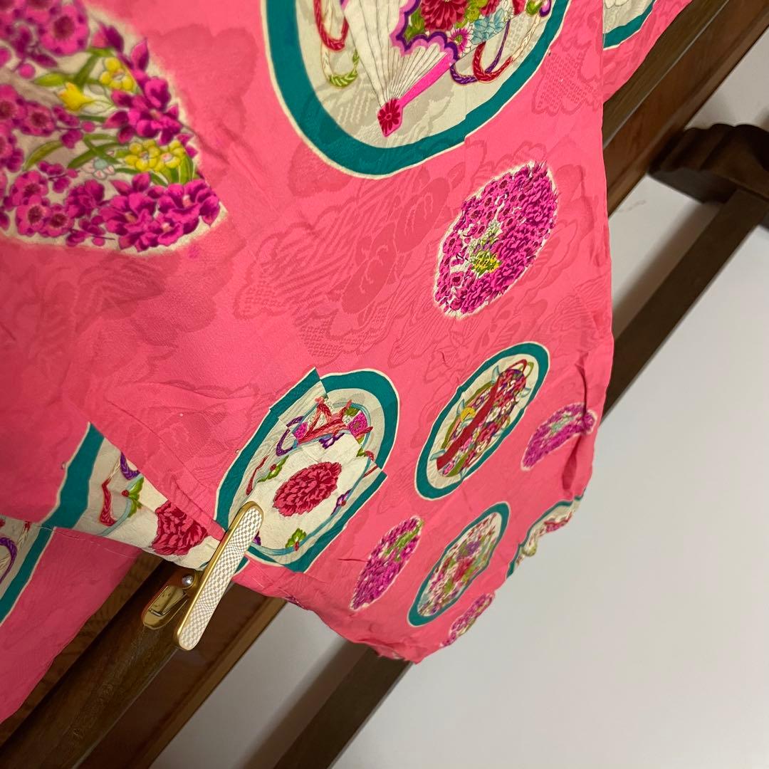 よ*だ様 アンティーク 子供着物 丸に 糸巻 扇 鼓 花文様 正絹 七五三 v3