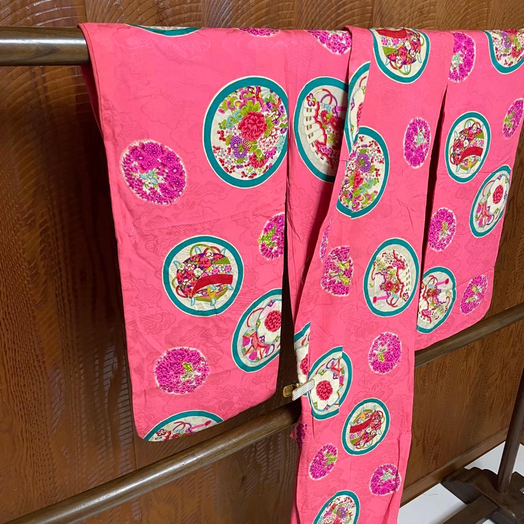 よ*だ様 アンティーク 子供着物 丸に 糸巻 扇 鼓 花文様 正絹 七五三 v3