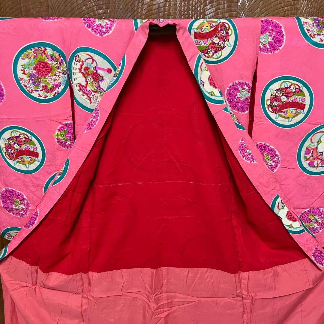 よ*だ様 アンティーク 子供着物 丸に 糸巻 扇 鼓 花文様 正絹 七五三 v3