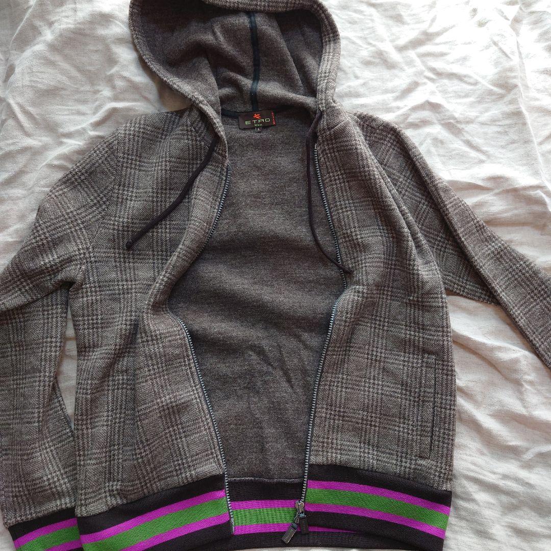 ETRO グレー チェック柄 フード付き ダブルジップ　ウールジャンパー