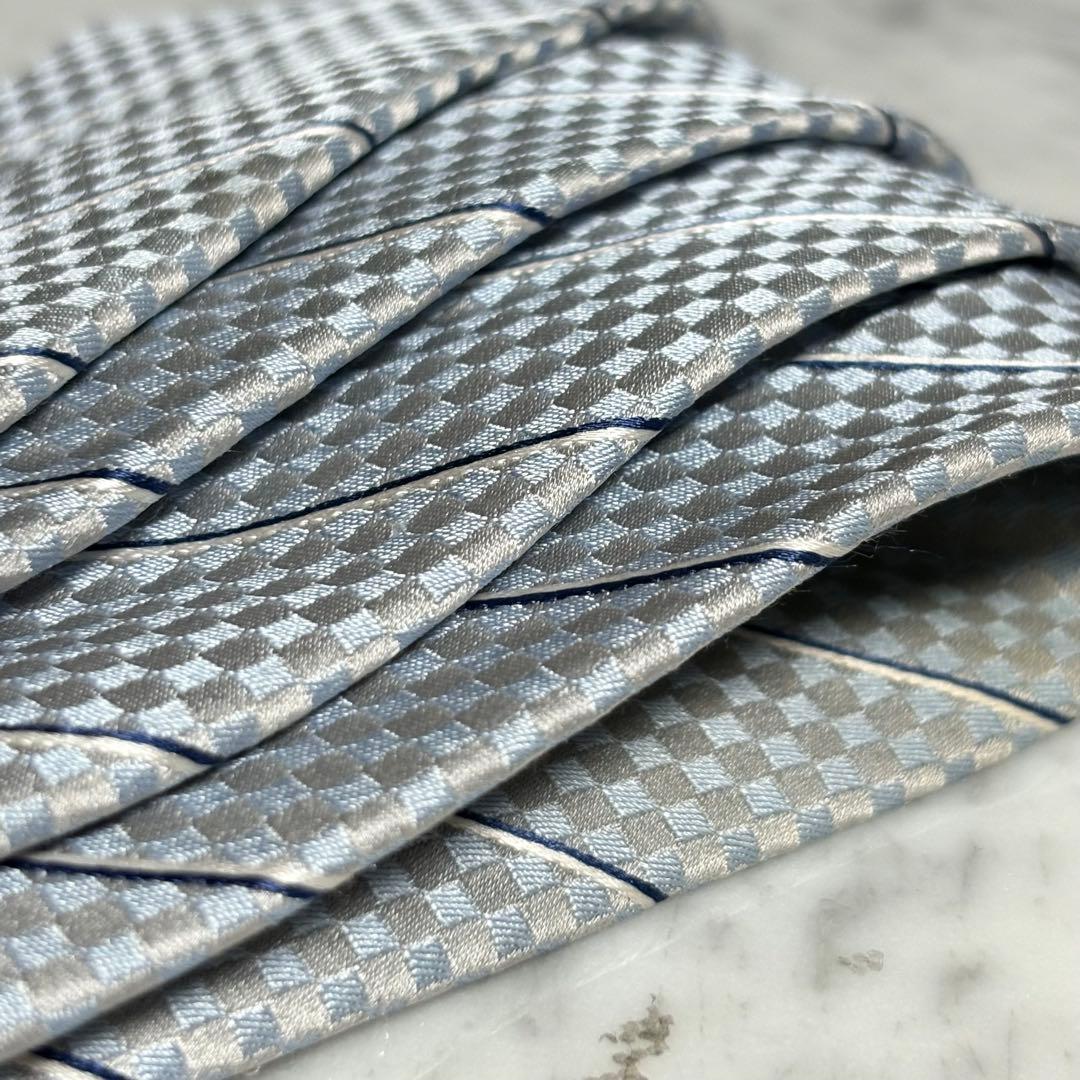 LOUIS VUITTON ネクタイ ブルー系 グレー ダミエ ストライプ