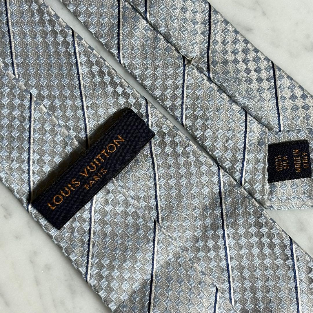LOUIS VUITTON ネクタイ ブルー系 グレー ダミエ ストライプ