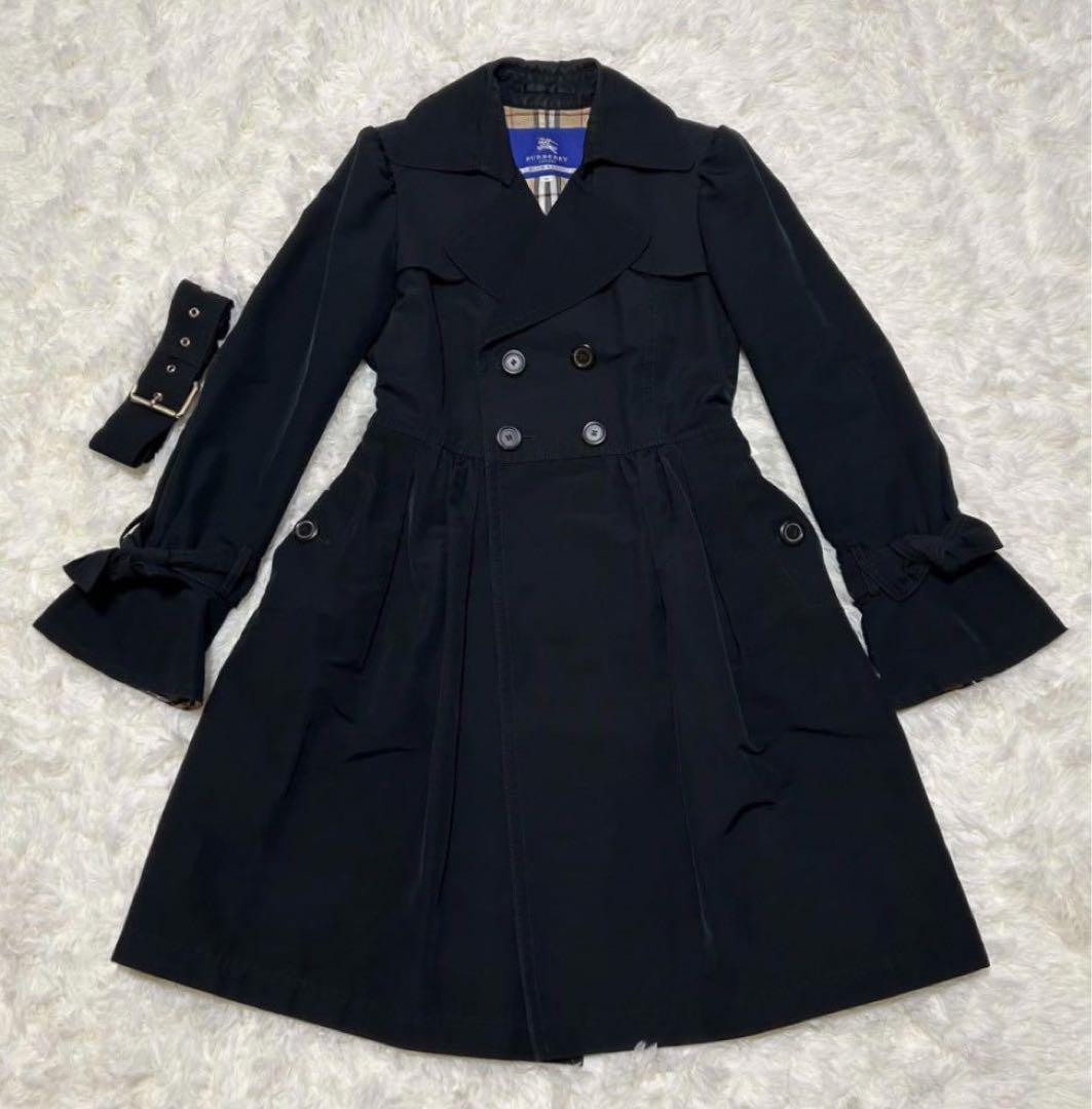 BURBERRY BLUELABELノバチェック Ｗトレンチコート 黒 ベルト付