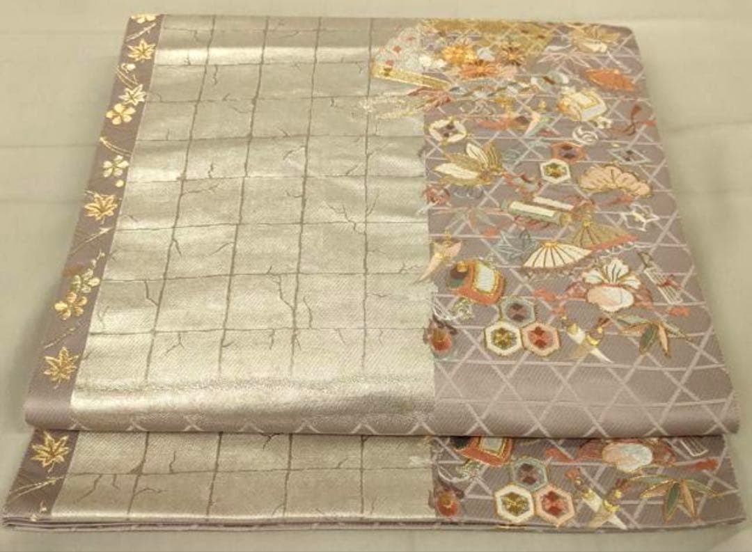 振袖フルセット6点サイズM〜Ｌ正絹宝尽くし袋帯　花篭文　金彩