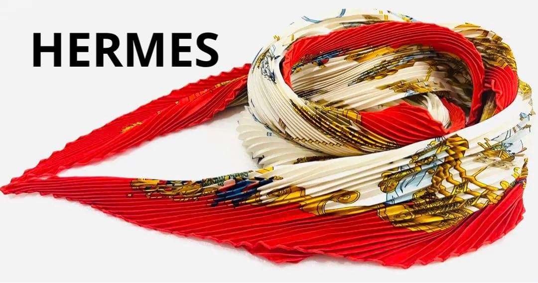 美品本物 HERMES エルメス プリーツスカーフ カレシルク100％