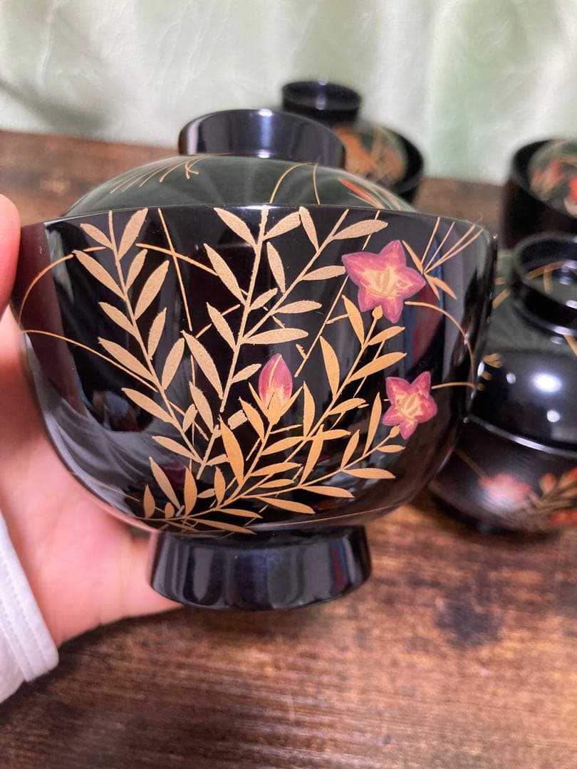 輪島塗椀 草花金蒔絵　黒塗御吸物椀 五客 木製漆器 漆芸懐石会席