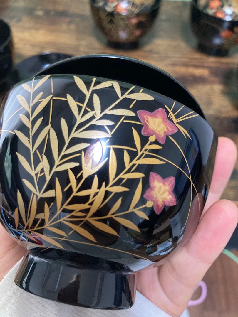 輪島塗椀 草花金蒔絵　黒塗御吸物椀 五客 木製漆器 漆芸懐石会席