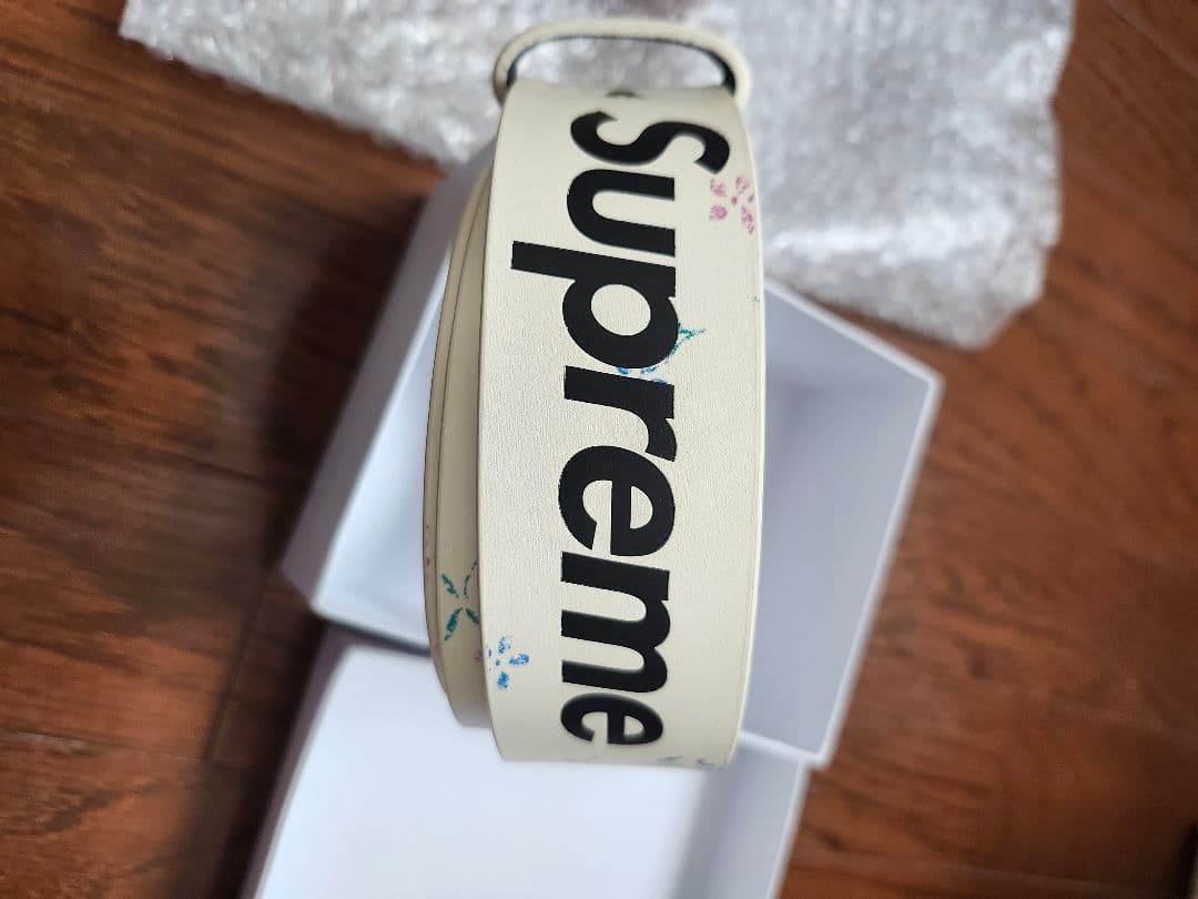 Supreme Repeat Leather Belt 白Floral花柄L