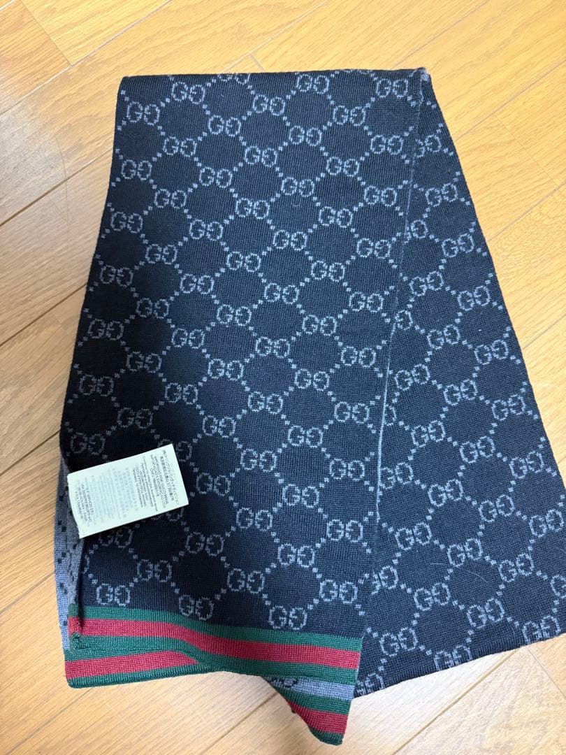 の*み様 GUCCI GGロゴマフラー ネイビー/グレー 120x180cm