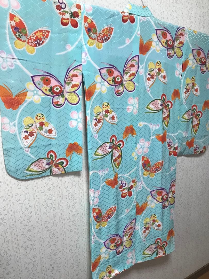 七五三7歳着物セット　アンティーク　正絹　水色　蝶々❤️