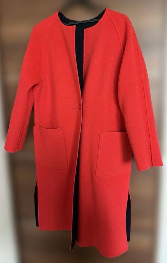 デミルクスBEAMSネイビー×レッド ウールリバーシブルロングコート 36