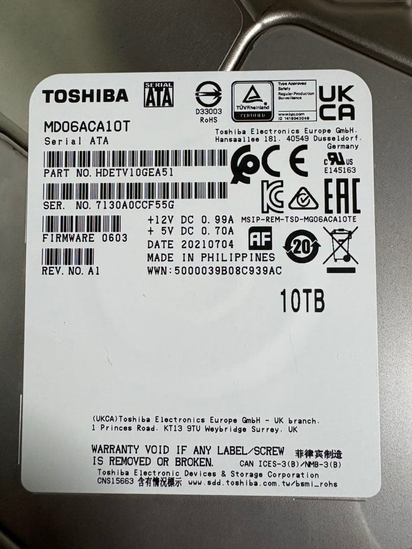 TOSHIBA 内蔵HDD 10TB MD06ACA10T 使用1回のみ動作良好