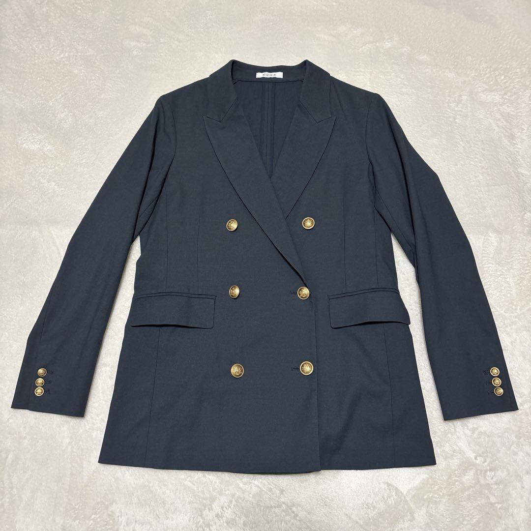 プラステ　セットアップ　ダブル　紺ブレ　金ボタン　リネン混　ネイビー　S