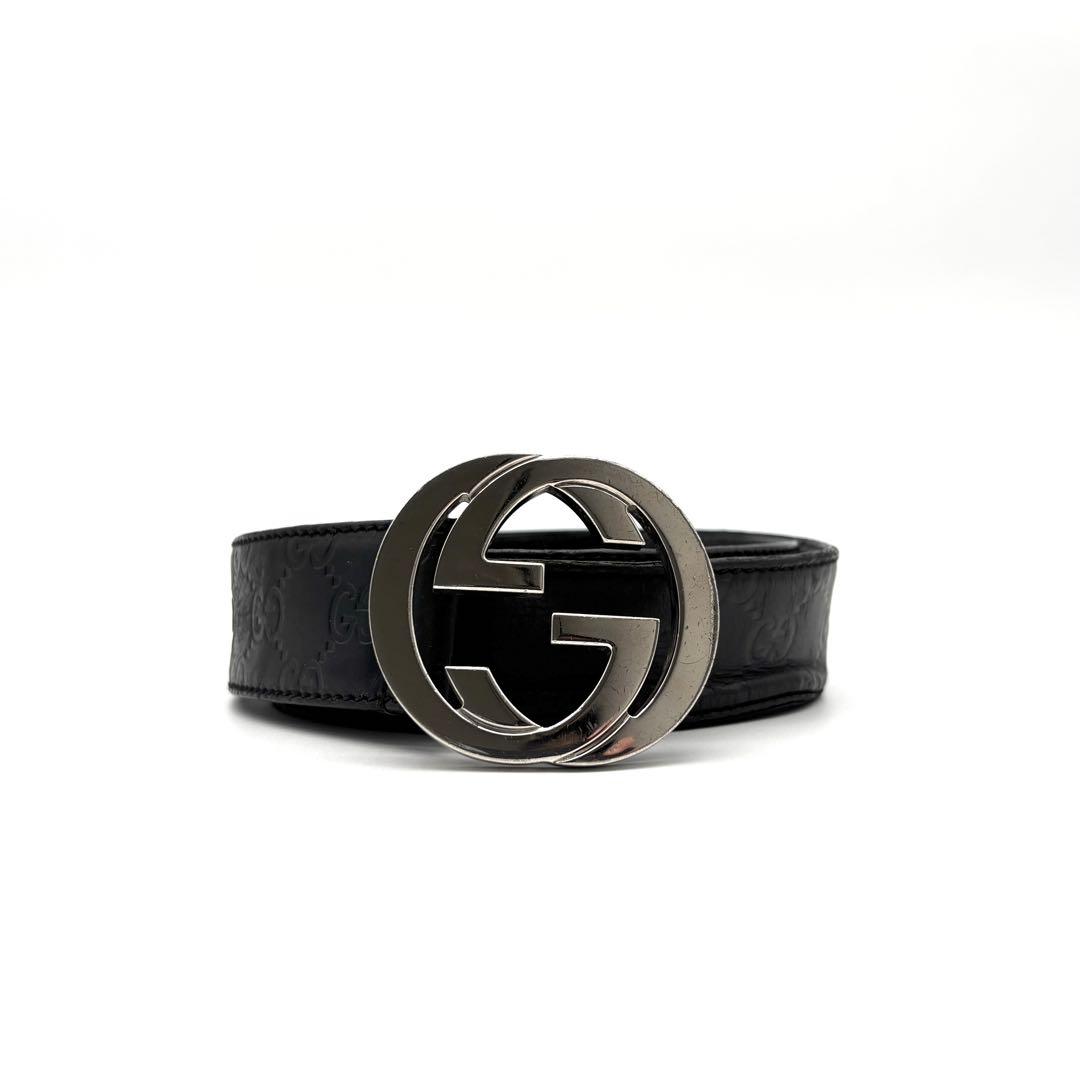 正規品 グッチ ベルト インターロッキング バックル シマレザー GG ブラック