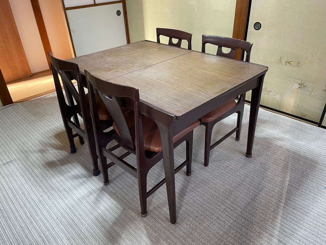 マルニ木工　昭和レトロ　ダークブラウン木製ダイニングテーブルと椅子　アンティーク