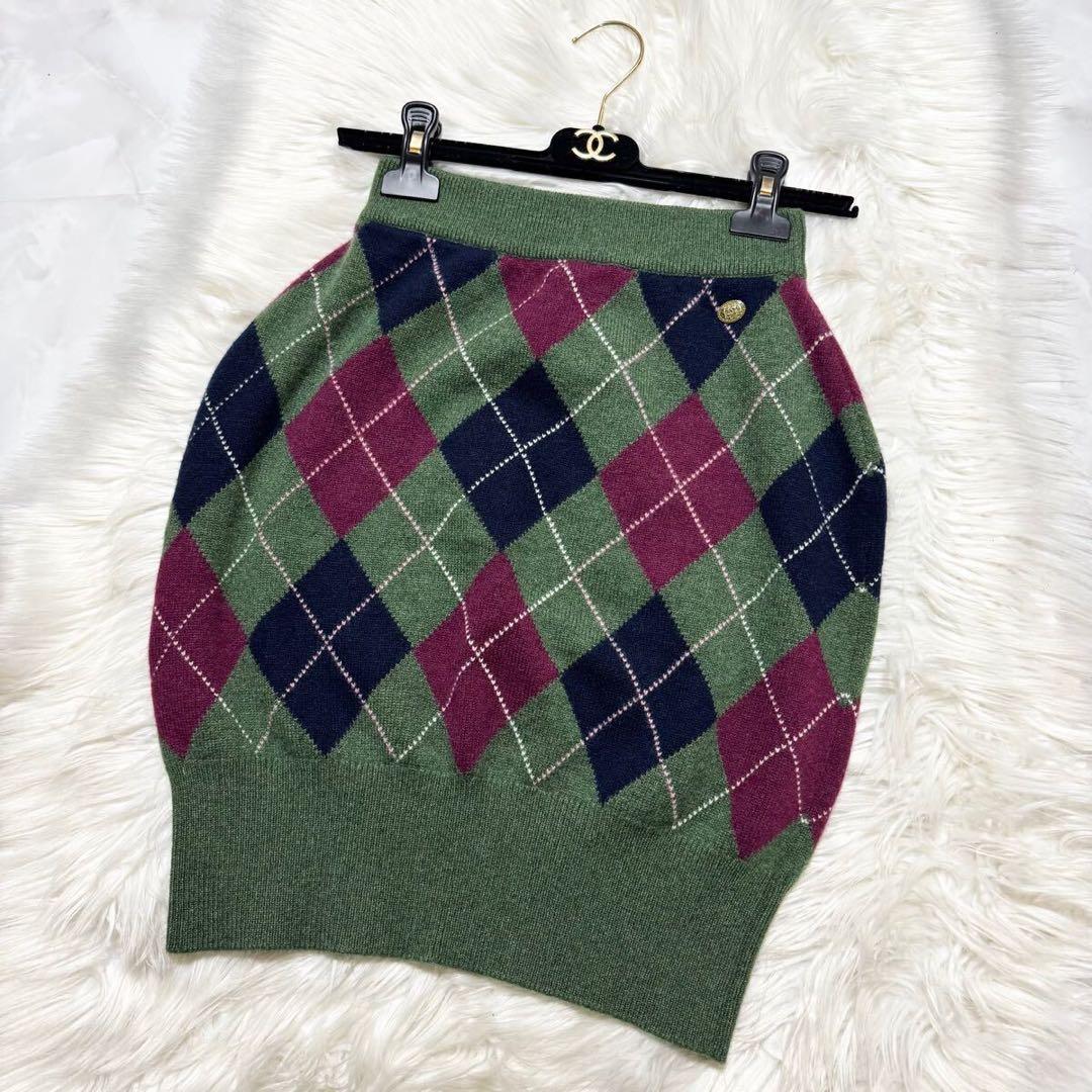 本物 ランウェイ 極美品 シャネル ダイヤチェック カシミア スカート 38