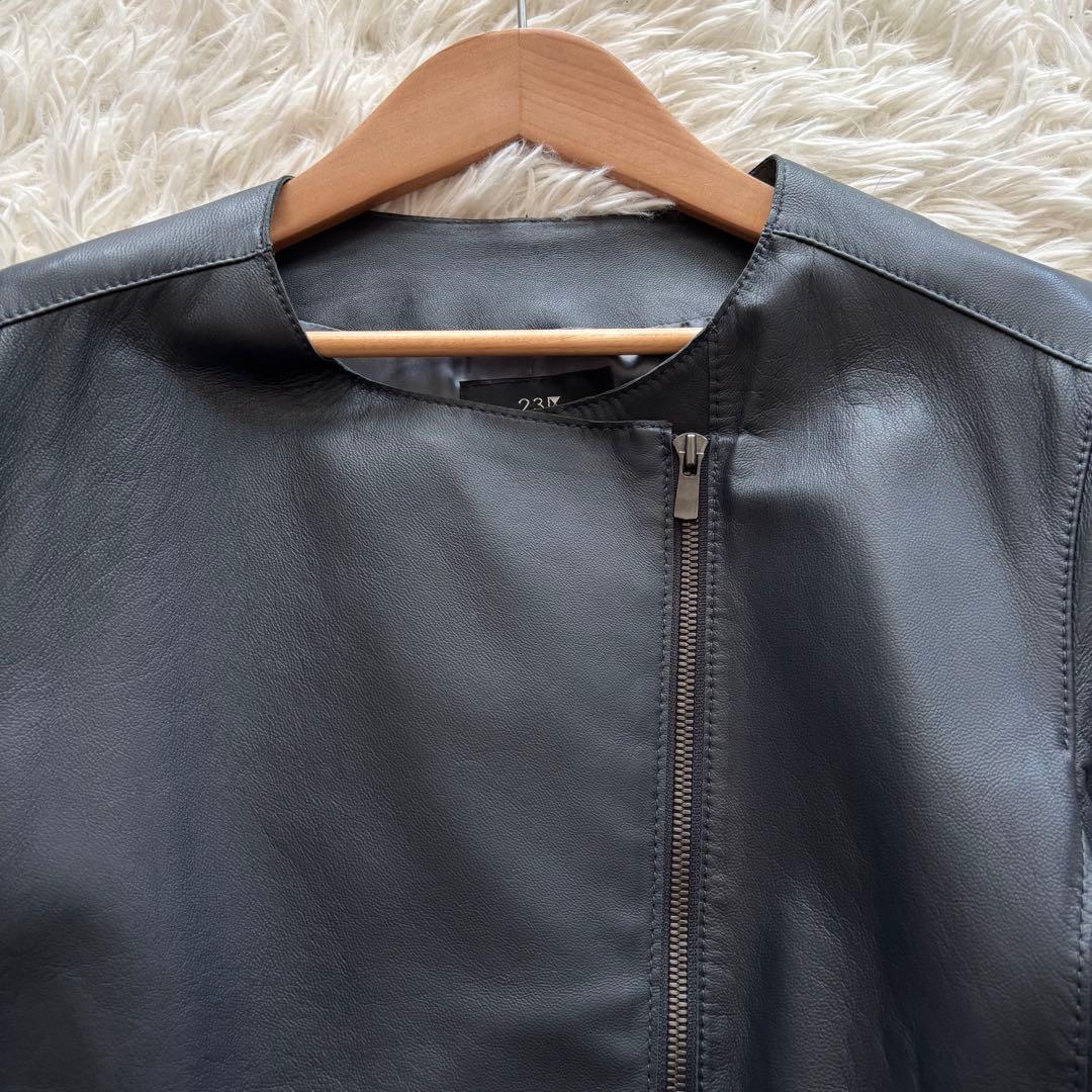 極美品23区ダブルライダースジャケットノーカラー羊革チャコール 大きいサイズ44