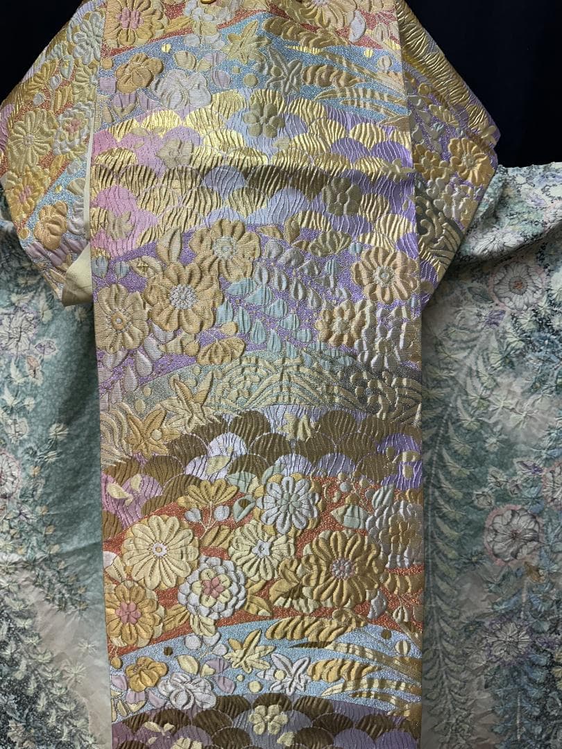 辻が花 銀通し振袖 青緑系 辻が花膨れ織六通柄袋帯フルセット