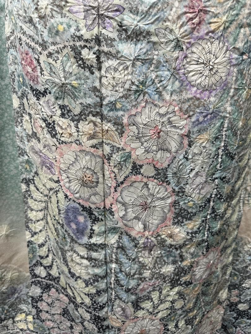 辻が花 銀通し振袖 青緑系 辻が花膨れ織六通柄袋帯フルセット