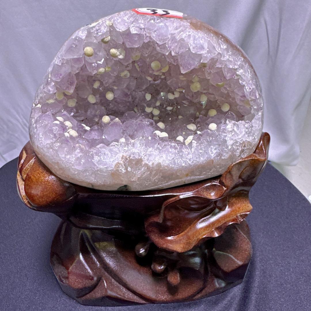 【天然石】アメジスト＆カルサイト 共生 モチーフ彫刻 置物 巾着袋デザインA.1