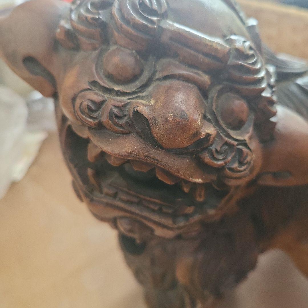 木製獅子彫刻 竹模様 シーサー 2体