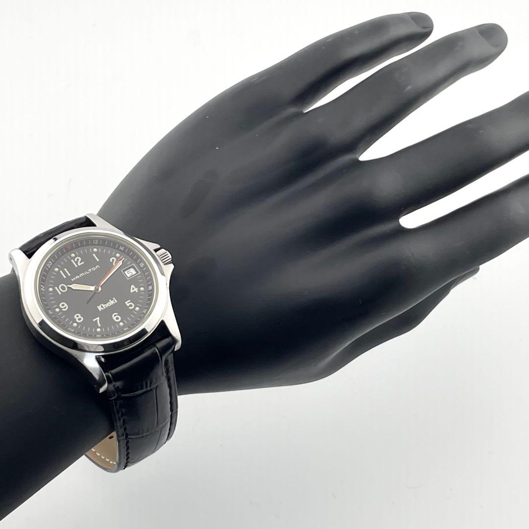 【稼働/新品電池】ハミルトン　カーキ　8775 デイト 腕時計　メンズ　黒文字盤