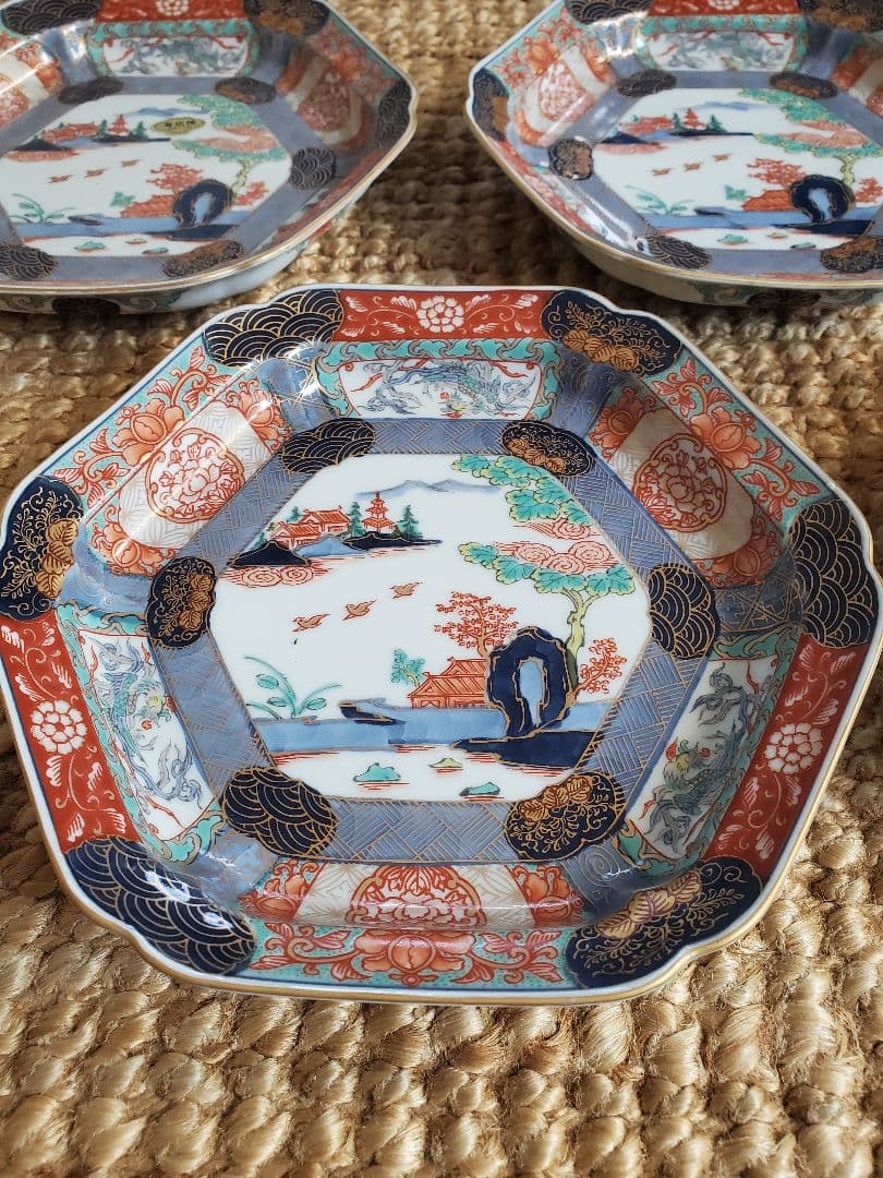 錦色絵六角焼皿　５枚セット　幸楽窯　古伊万里色絵山水盛皿